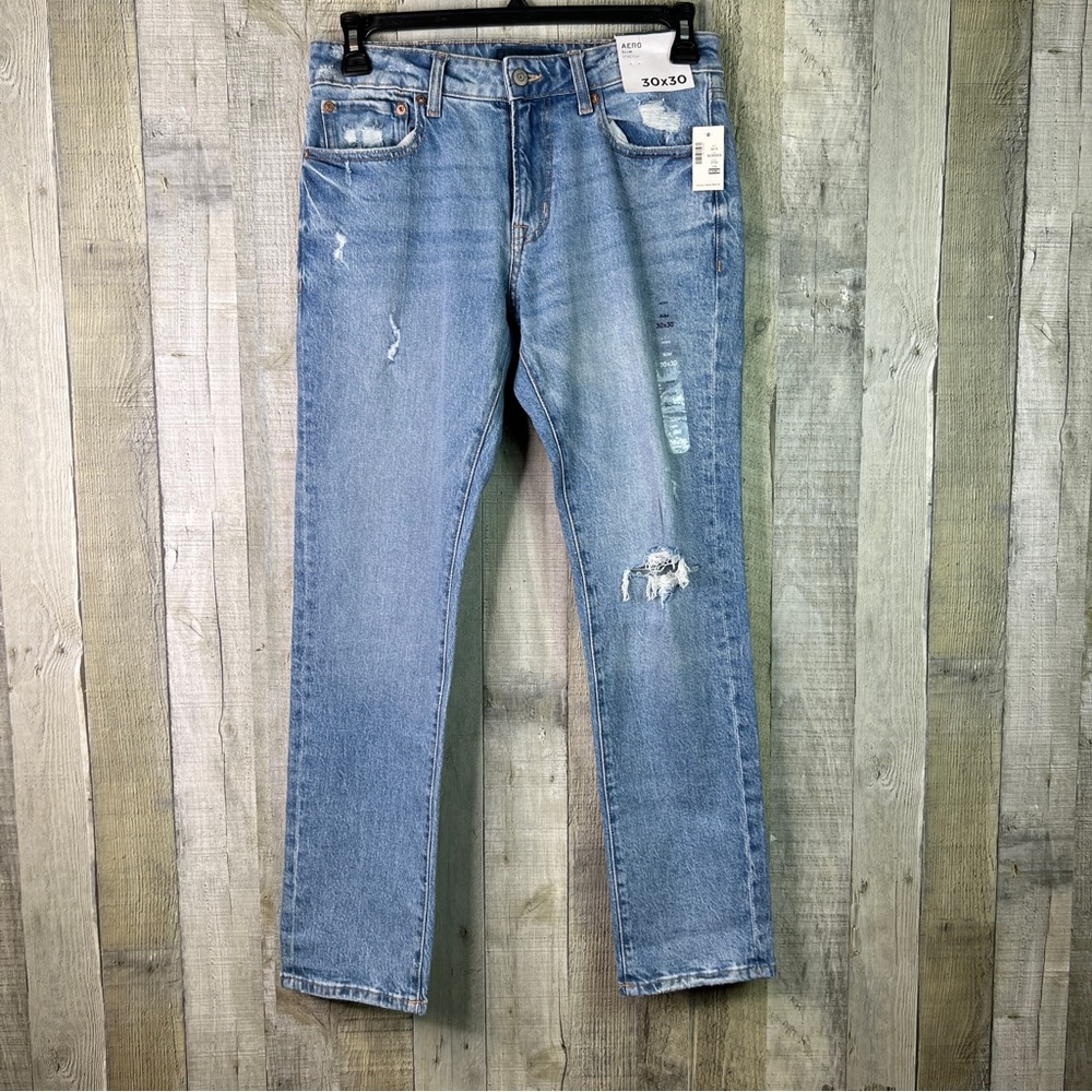 Aeropostale 30X30 Slim Stretch Distressed Blue Jeans Straight Leg